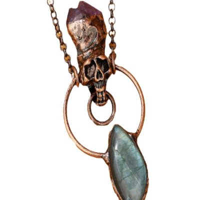 Labradorite & Amethyst Skull Pendant Necklace · Vintage Copper