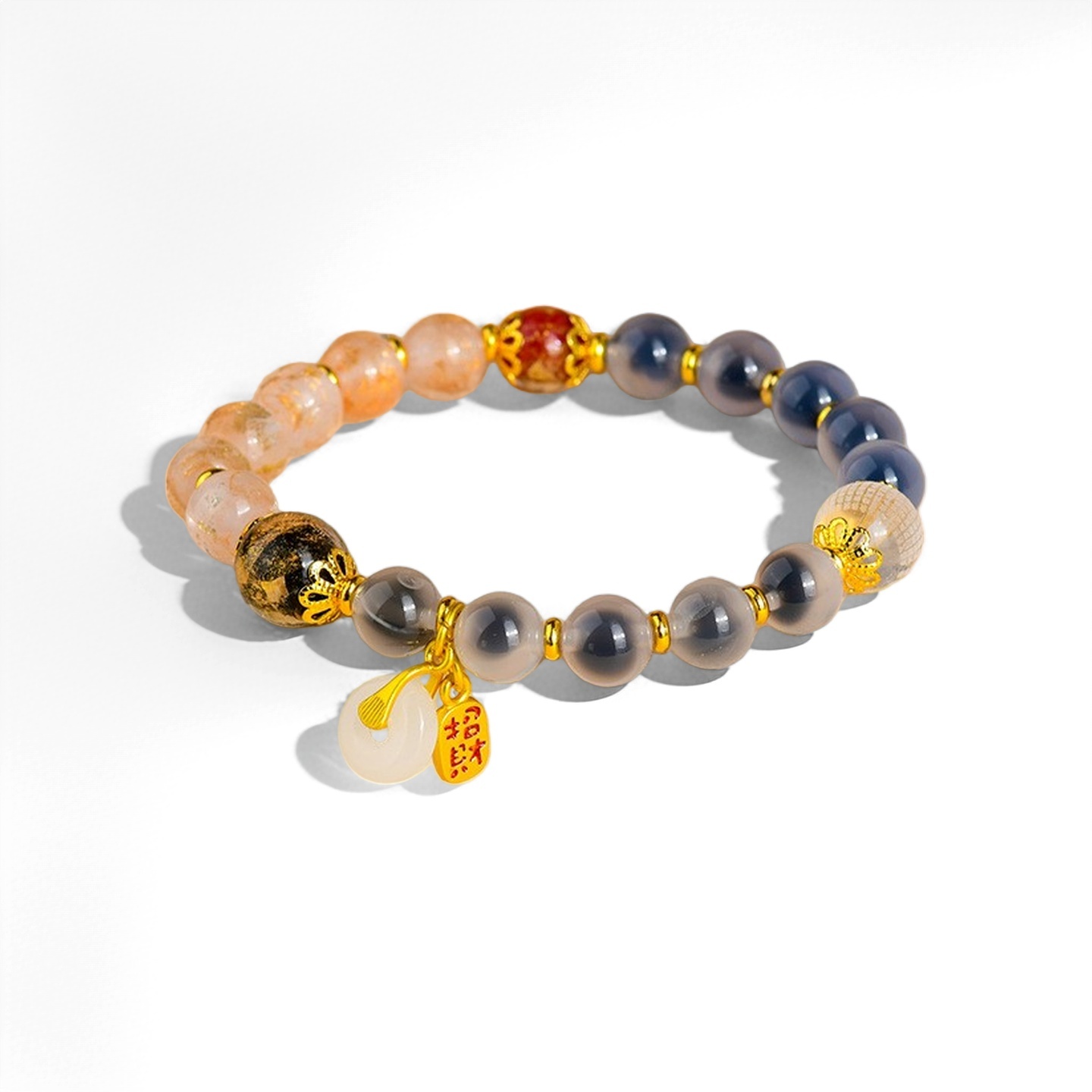 Agate Bracelet with Gold Foil Glass & Clear Quartz Heart Sutra Charm for Protection & Luck