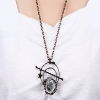 Cosmic Geode Pendant · Raw Clear Quartz with Amethyst & Rose Quartz | Copper Electroformed Necklace