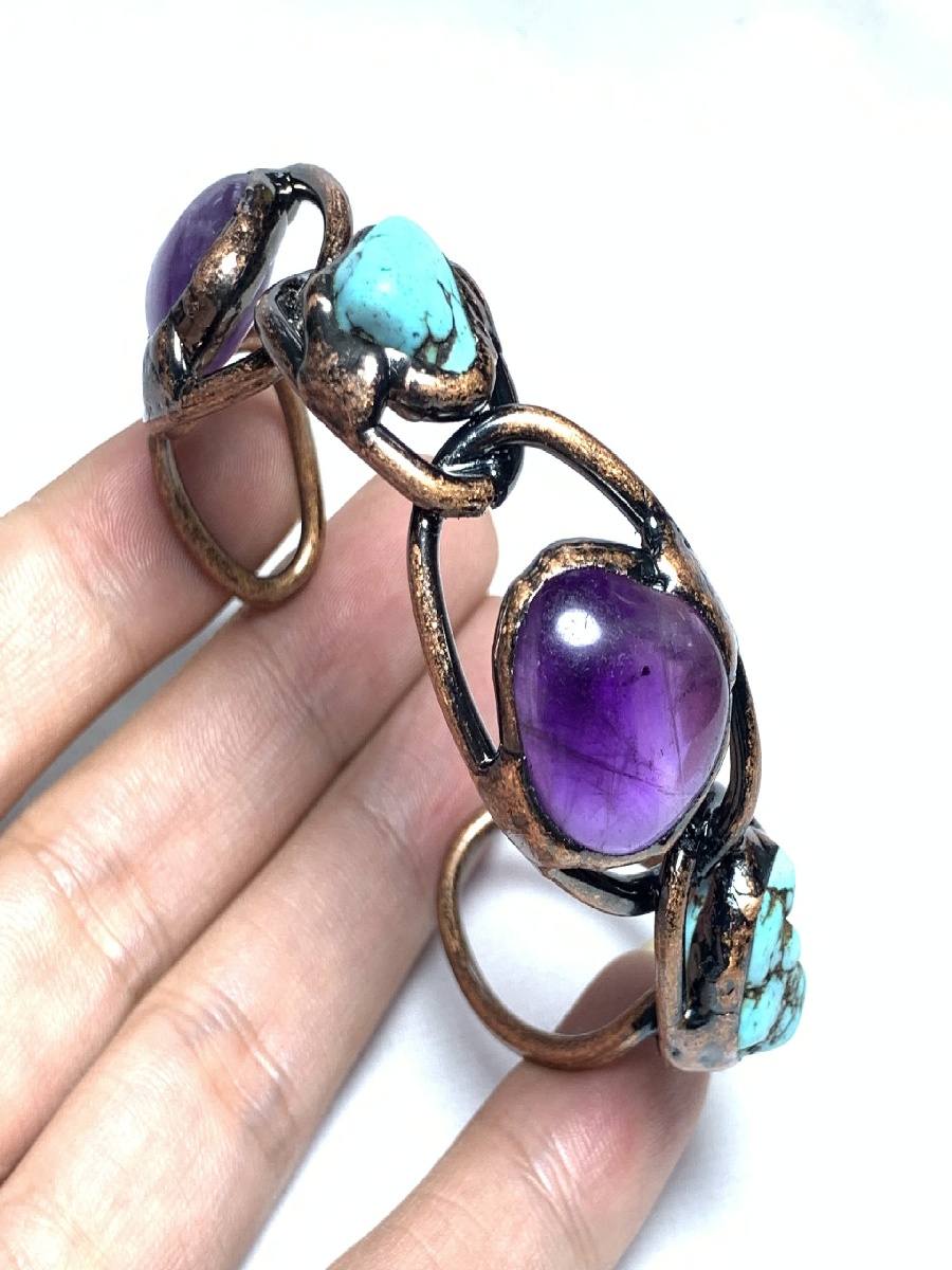 Amethyst & Turquoise Twisted Copper Cuff · Adjustable Raw Stone Bracelet - Image 4
