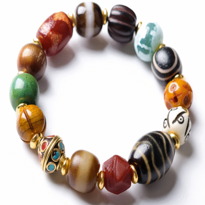 Tibetan Dzi Tiger Tooth Bracelet with Yak Bone, Agate & Mixed Gemstones