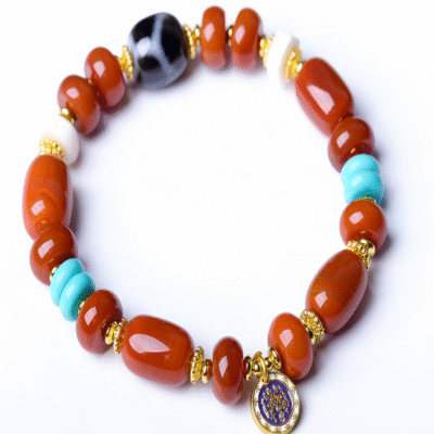 South Red Agate Bracelet with Dzi Bead & Turquoise – Protection & Prosperity