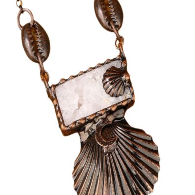 White Quartz Seashell Pendant Necklace with Moon Accent · Antique Copper Long Chain