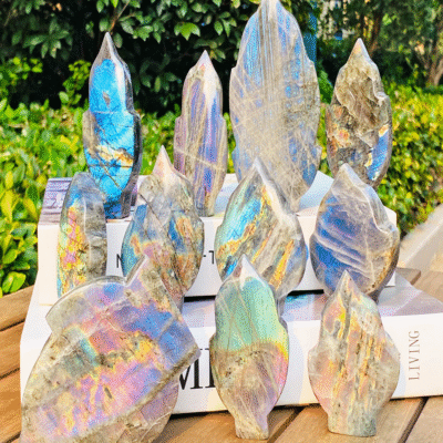 Natural Labradorite Leaf Carving Crystal | ArvnDao Blue Flash Stone for Intuition, Transformation & Protection
