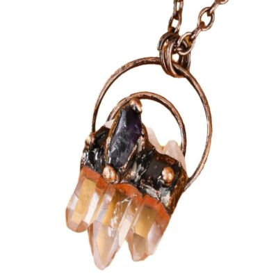 Clear Quartz Point Necklace with Raw Amethyst · Copper Pendant