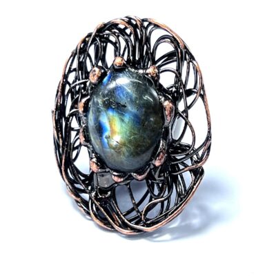 Labradorite Bird-Nest Ring · Handmade Adjustable Bronze Ring