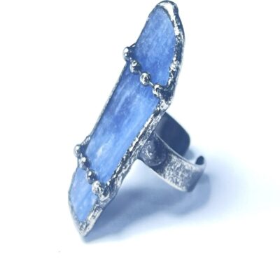 Raw Blue Kyanite Ring | Long Natural Blade Crystal · Adjustable Antique Silver Ring