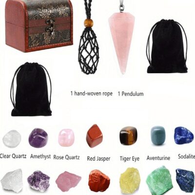 18PCS Natural Crystal Healing Box Set – Tumbles + Raw Stones + Pendulum + Wooden Box – Chakra Balancing & Energy Cleansing Kit