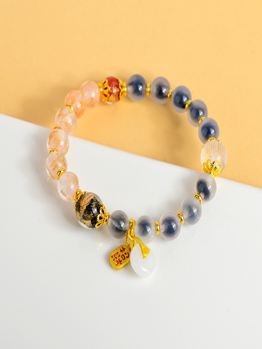 Agate Bracelet with Gold Foil Glass & Clear Quartz Heart Sutra Charm for Protection & Luck - Image 6