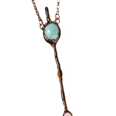 Amazonite & Rose Quartz Wand Pendant Necklace | Handmade Vintage Copper Design