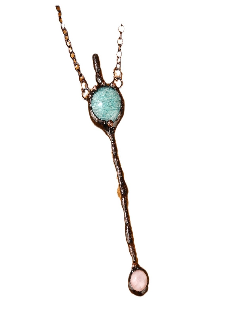 Amazonite & Rose Quartz Wand Pendant Necklace | Handmade Vintage Copper Design