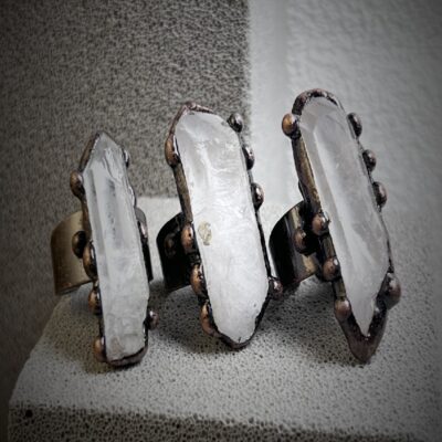 Raw Clear Quartz Hexagon Crystal Ring | Adjustable Copper Electroformed Jewelry