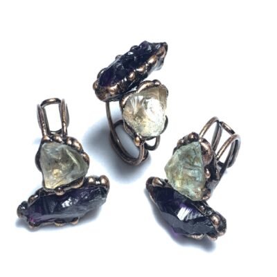 Raw Amethyst Green Crystal Ring | Adjustable Copper Electroformed Jewelry