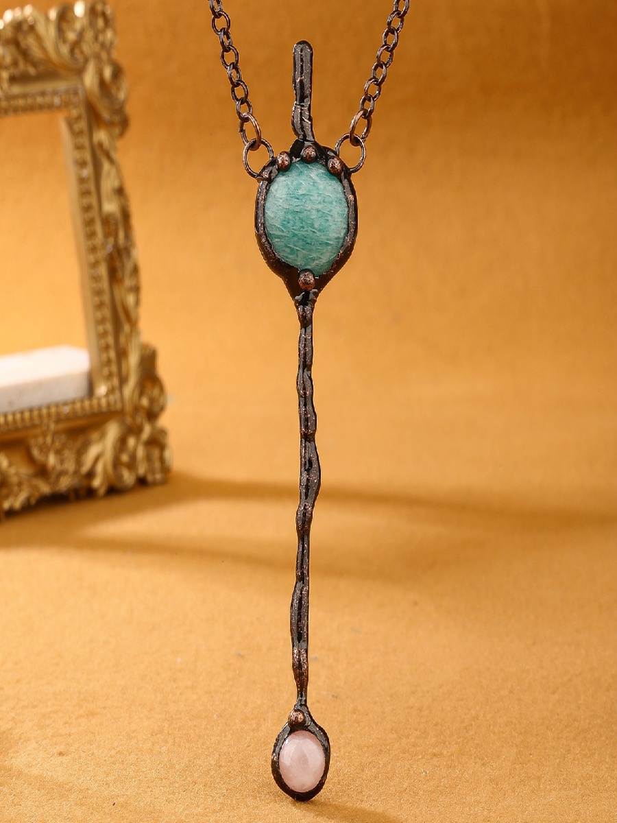 Amazonite & Rose Quartz Wand Pendant Necklace | Handmade Vintage Copper Design - Image 4