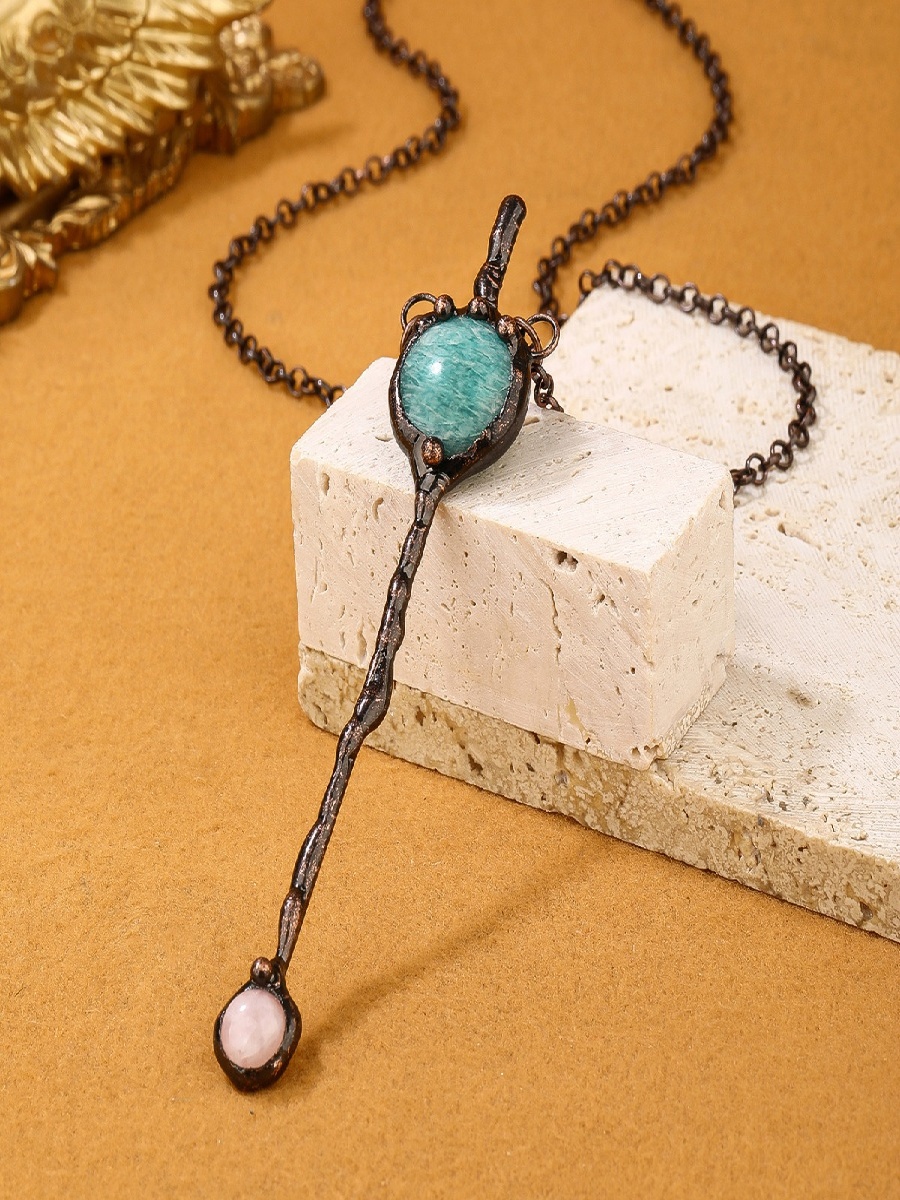 Amazonite & Rose Quartz Wand Pendant Necklace | Handmade Vintage Copper Design - Image 3