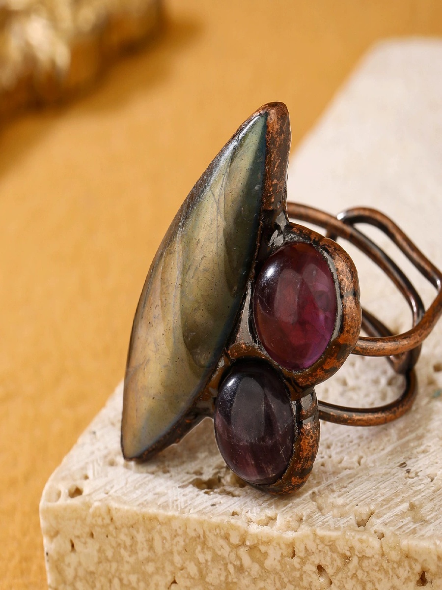 Labradorite & Amethyst Adjustable Ring | Raw Crystal Duo Open Bronze Ring - Image 5