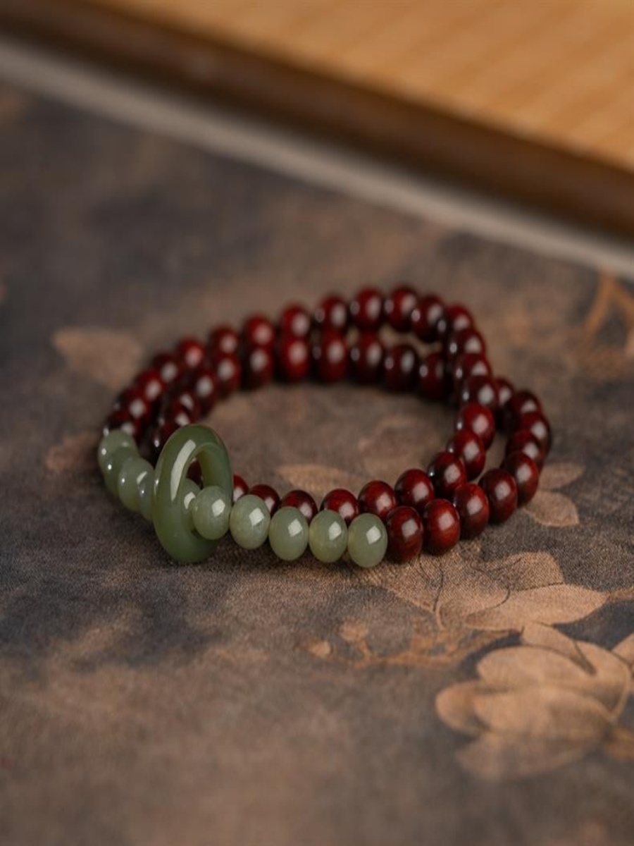 Red Sandalwood & Hetian Jade Double-Wrap Bracelet 6mm - Image 2