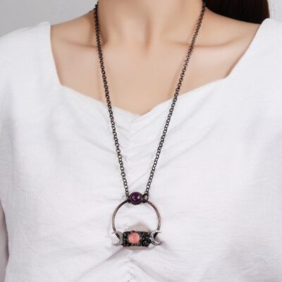 Clear Quartz Pendant Necklace with Amethyst & Rose Quartz · Triple Moon Design