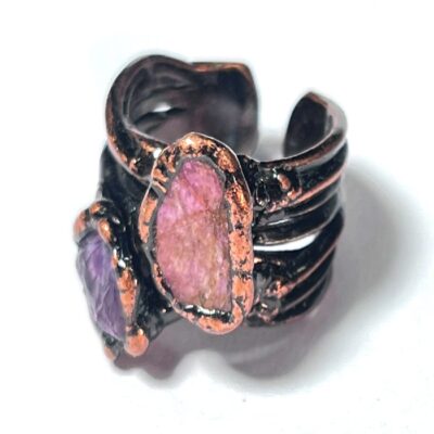 Raw Amethyst & Pink Stone Adjustable Ring | Antique Copper Open Band Crystal Ring · ArvnDao