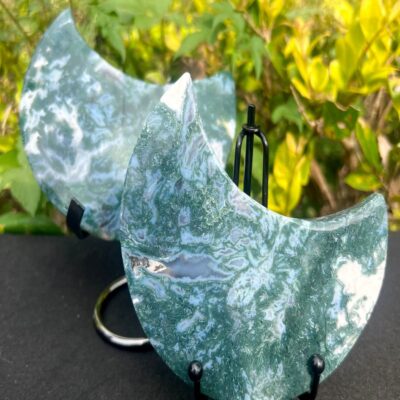 Moss Agate Crescent Moon Crystal Sculpture for Home Décor & Growth Energy