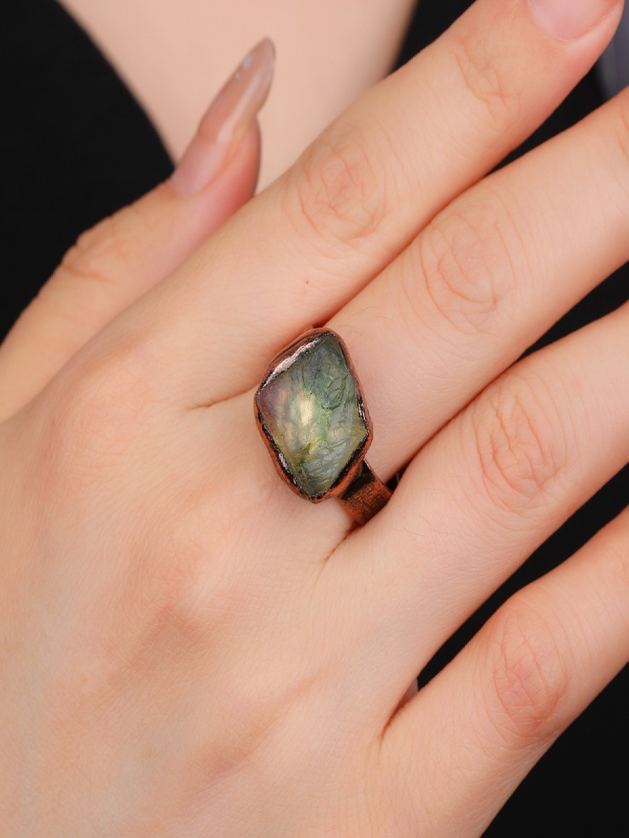 Raw Green Fluorite Ring · Handmade Adjustable Bronze Ring - Image 5