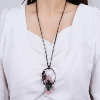 Crystal Point Pendant with Amethyst & Green Chalcedony · Antique Copper Leaf Necklace