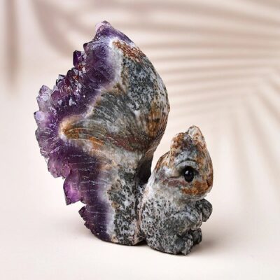 Uruguayan Amethyst Cluster Squirrel Carving – Natural Crystal Ornament for Home & Office Décor