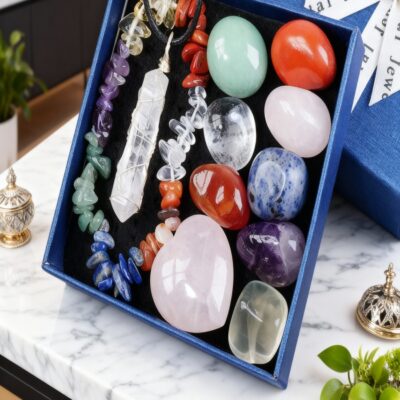 7 Chakra Healing Crystal Gift Box with Rose Quartz Heart, Bracelet & Pendant