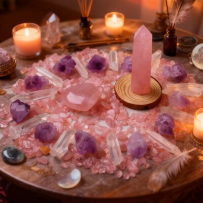 Amethyst & Rose Quartz Crystal Grid Set | Natural Healing Stones & Crystal Tower for Love Energy & Meditation