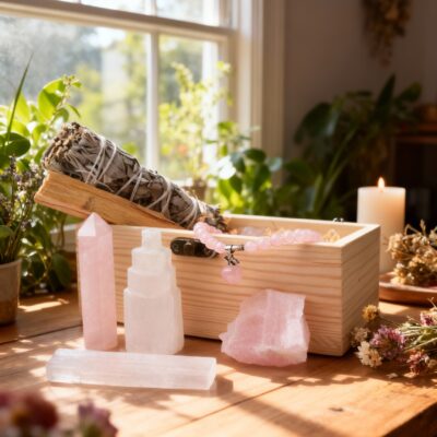 Natural Rose Quartz Crystal Gift Set for Healing & Energy Balance | Handcrafted with Crystal Stones & Sage