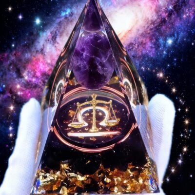 Zodiac Orgone Pyramid with Amethyst Crystal & Gold Flakes | ArvnDao Astrology Energy Pyramid for Meditation & Protection