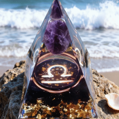 Zodiac Orgone Pyramid with Amethyst Crystal & Gold Flakes | ArvnDao Astrology Energy Pyramid for Meditation & Protection