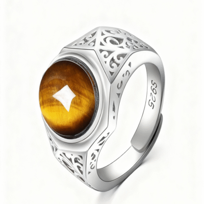 Natural Tiger’s Eye Adjustable Ring – 925 Silver Carved Setting