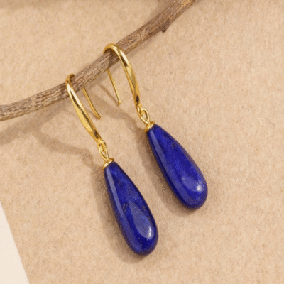Natural Lapis Lazuli Drop Earrings – 925 Silver with Ancient Gold Finish