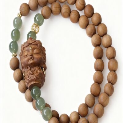 Sandalwood & Hetian Jade Double-Wrap Bracelet with Green Tara Carving