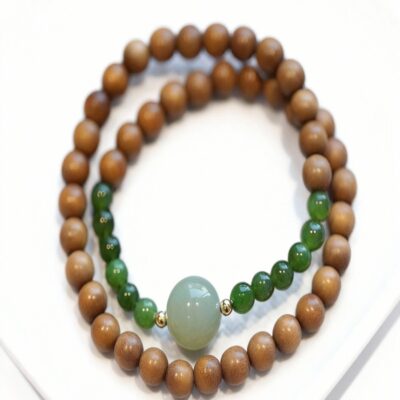 Sandalwood Bracelet with Jade Beads, Double Wrap Natural Prayer Beads