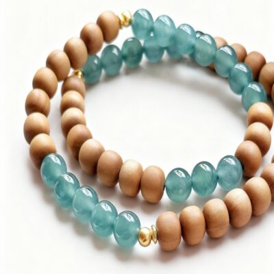 Indian Sandalwood Bracelet with Blue Jade Apple Beads | Double-Wrap Mala Design