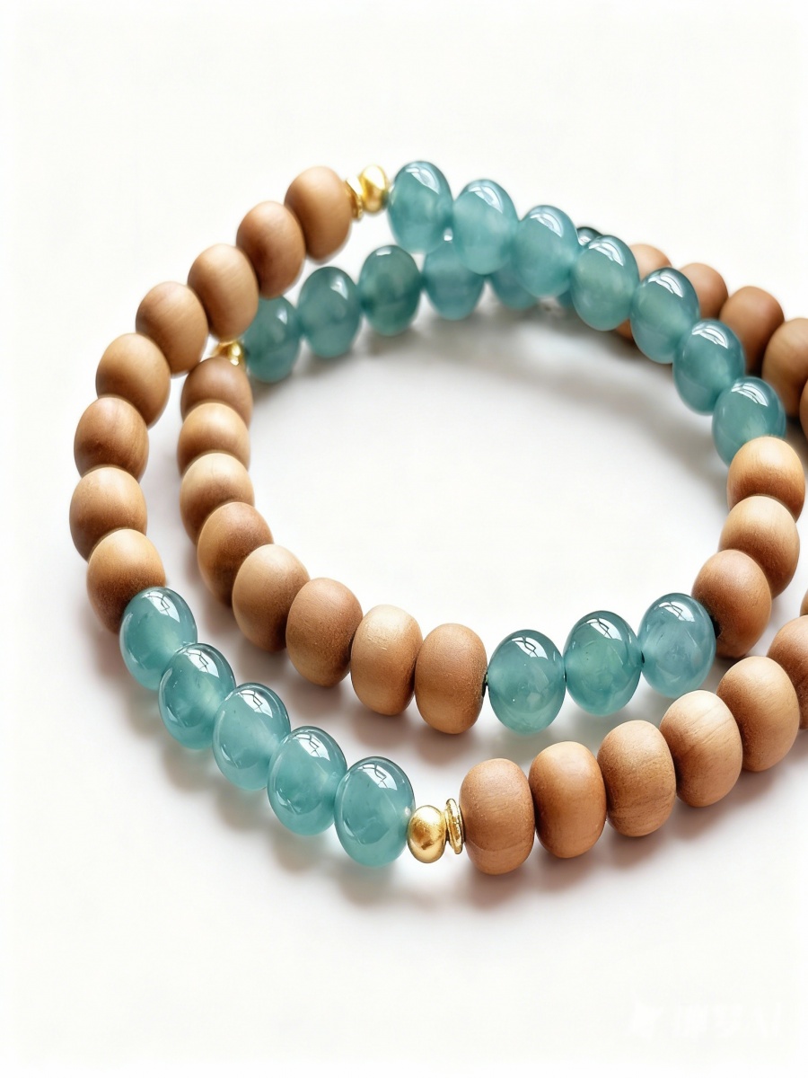 Indian Sandalwood Bracelet with Blue Jade Apple Beads | Double-Wrap Mala Design
