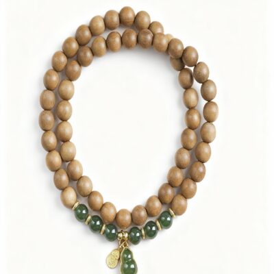 Sandalwood Bracelet with Natural Hetian Jade Gourd Charm for Good Fortune