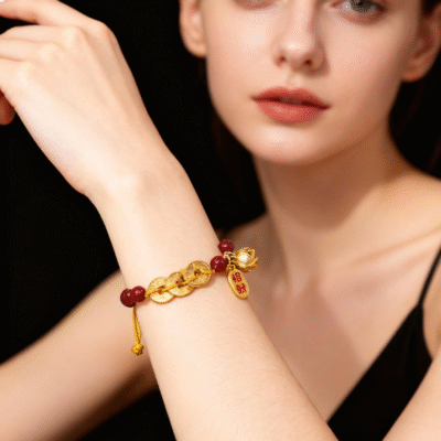 Cinnabar Bracelet with Five Emperor Coins for Protection & Abundance