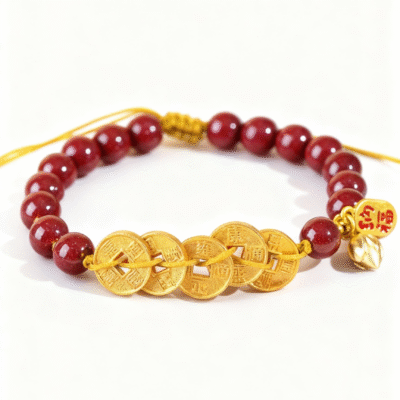 Cinnabar Bracelet with Five Emperor Coins for Protection & Abundance