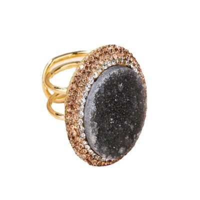 Natural Agate Druzy Adjustable Ring · Gold Round Crystal Statement Ring